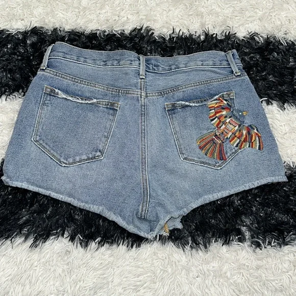Driftwood “Goldie” Embroidered Bird Denim Shorts, Folklore, Sz 30